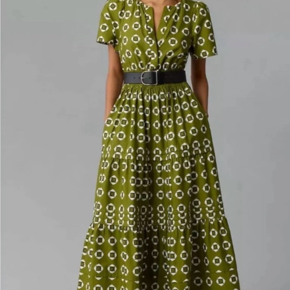 Anthropologie Olive Green Printed Short-Sleeve Tiered Maxi Dress